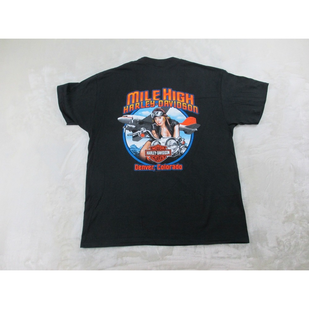 VINTAGE Harley Davidson Shirt Mens Large Black Mile High Motorcycle Rider*